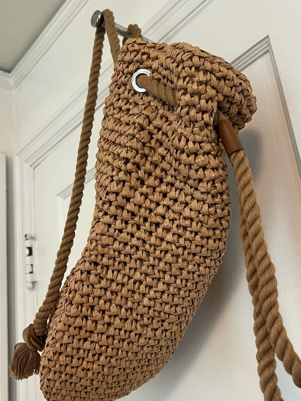 Woven Rope Drawstring Bucket Bag - Tan - Picture 3 of 4